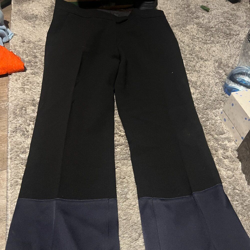 NWT Derek Lam Black Virgin‎ Wool Crepe Trousers with Navy Blue Satin Trim Size 6